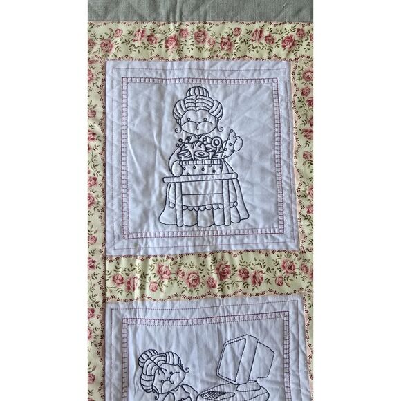 Sweet " Little Quilting Lady " Machine Embroidered Squares  On A Quilt 47x37" - Picture 2 of 16
